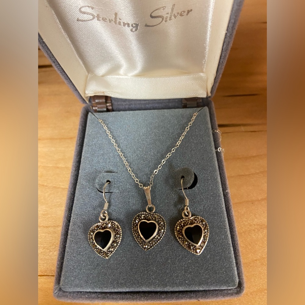 VINTAGE AGATE SET .925 SILVER FANCY RICH LOOKING WOMEN EARRINGS AND NECKLACE